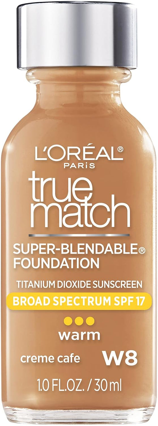 L'Oreal Paris Makeup True Match Super-Blendable Liquid Foundation, Crème Café W8, 1 Fl Oz,1 Count