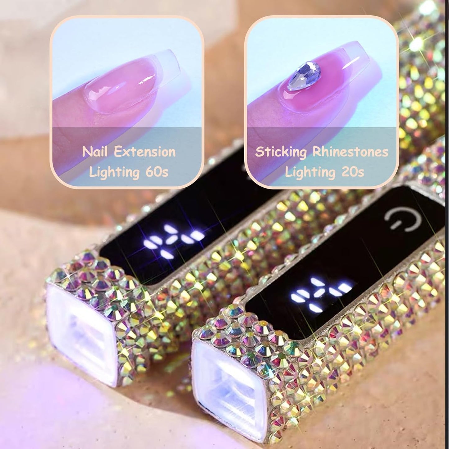 Crystal Rhinestone UV Nail Lamp, Artificial Bling Handheld UV Light for Nails, Portable Mini Nail Light with 2 Timer and LED Display, Rechargeable USB Nail Dryer for Fast Curing Gel Polish