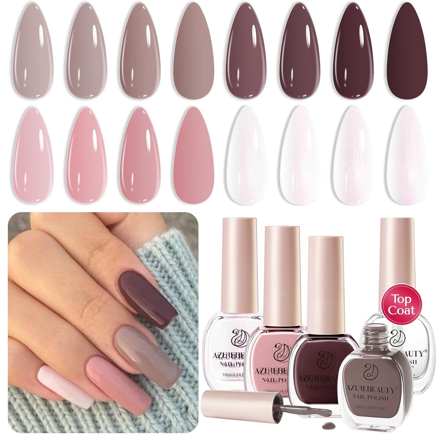 AZUREBEAUTY Nail Polish Set 4 Colors Brown Pink Glitter Nail Polish Quick Dry Natural Nail Lacquer Fingernail Kit with Top Coat DIY Salon Home