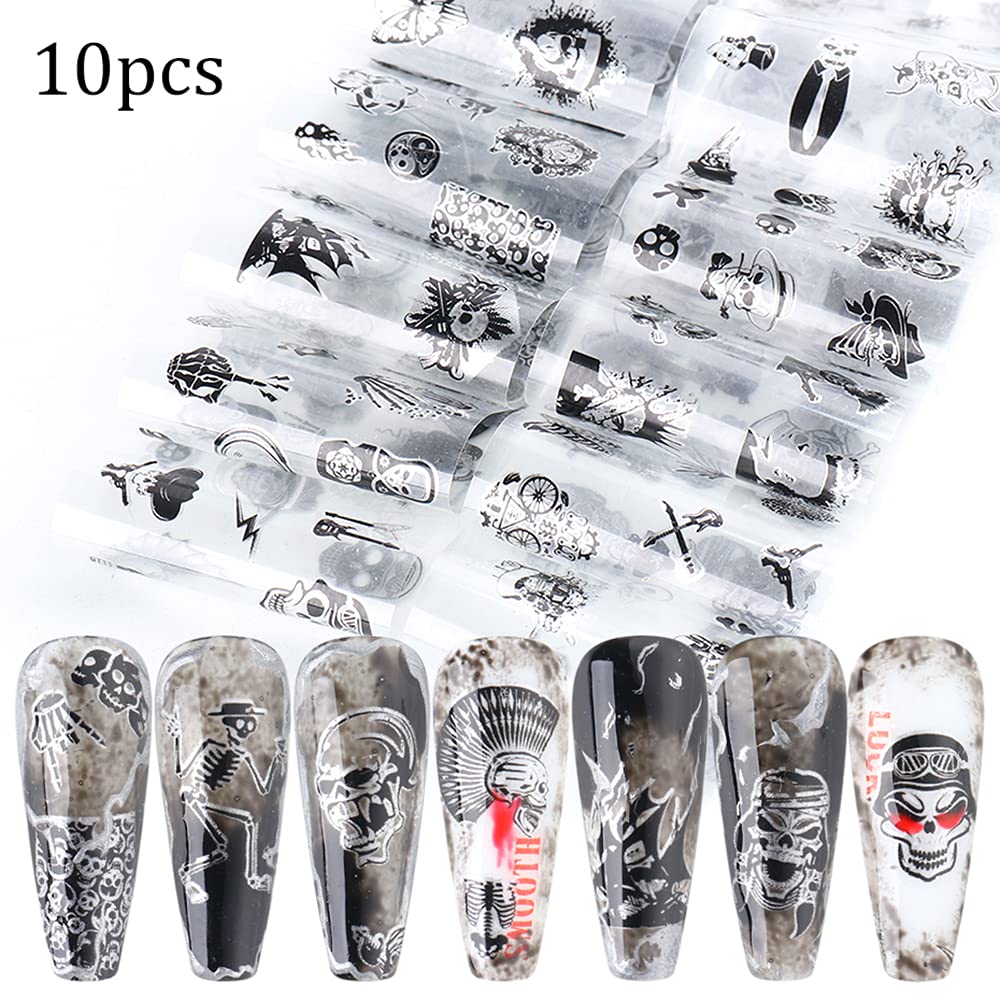 Black Skull Design Nail Foils Halloween Nail Transfer Foil Gothic Skull Nail Art Stickers Decals with Horror Pirate Skeleton Vampire Bone Butterfly Slider Wrap Design Nail Art Decoration Supplies