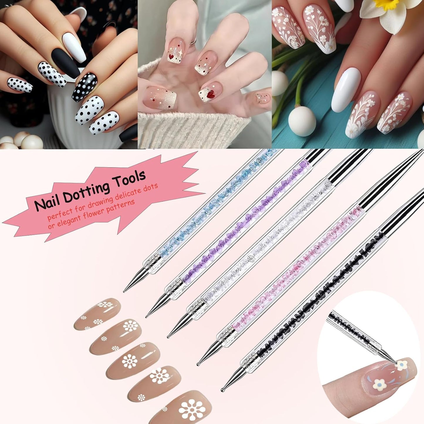 Nail Art Brushes, 8Pcs Double-Ended Acrylic Nail Brush Set & Picker Brush Tool for Nail Art with PolyGel Gel Acrylic Nails Extension Fine Liner Brushes and Dotting Pen (5,7,9,11,13 mm)