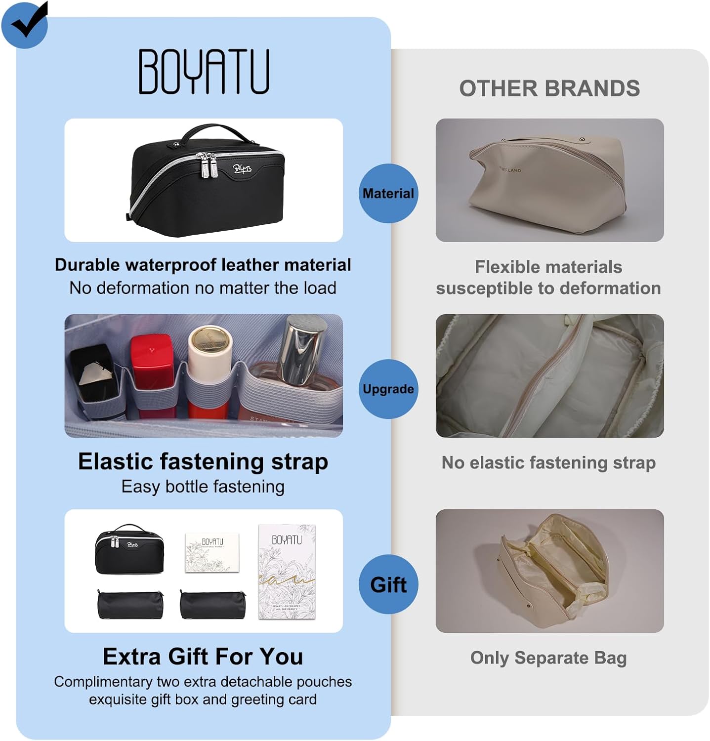 BOYATU Travel Makeup Bags for Women: Vegan Leather Cosmetic Bag Set of 3 - Large Capacity Make up Bag with Divider - Wide Open Waterproof Toiletry Organizer Bag with Handle (05-Black)