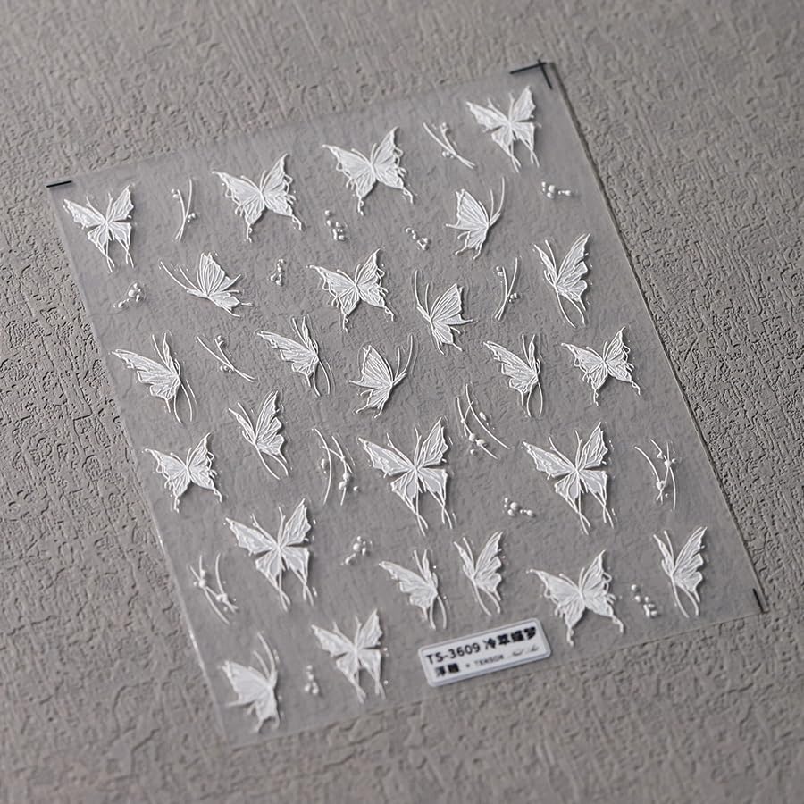 Butterfly Nail Stickers 5D Embossed Nail Art Decals Self-Adhesive White Butterfly Nail Stickers for Nail Art DIY Nail Art Decorations Supplies for Women (1, White Butterfly)