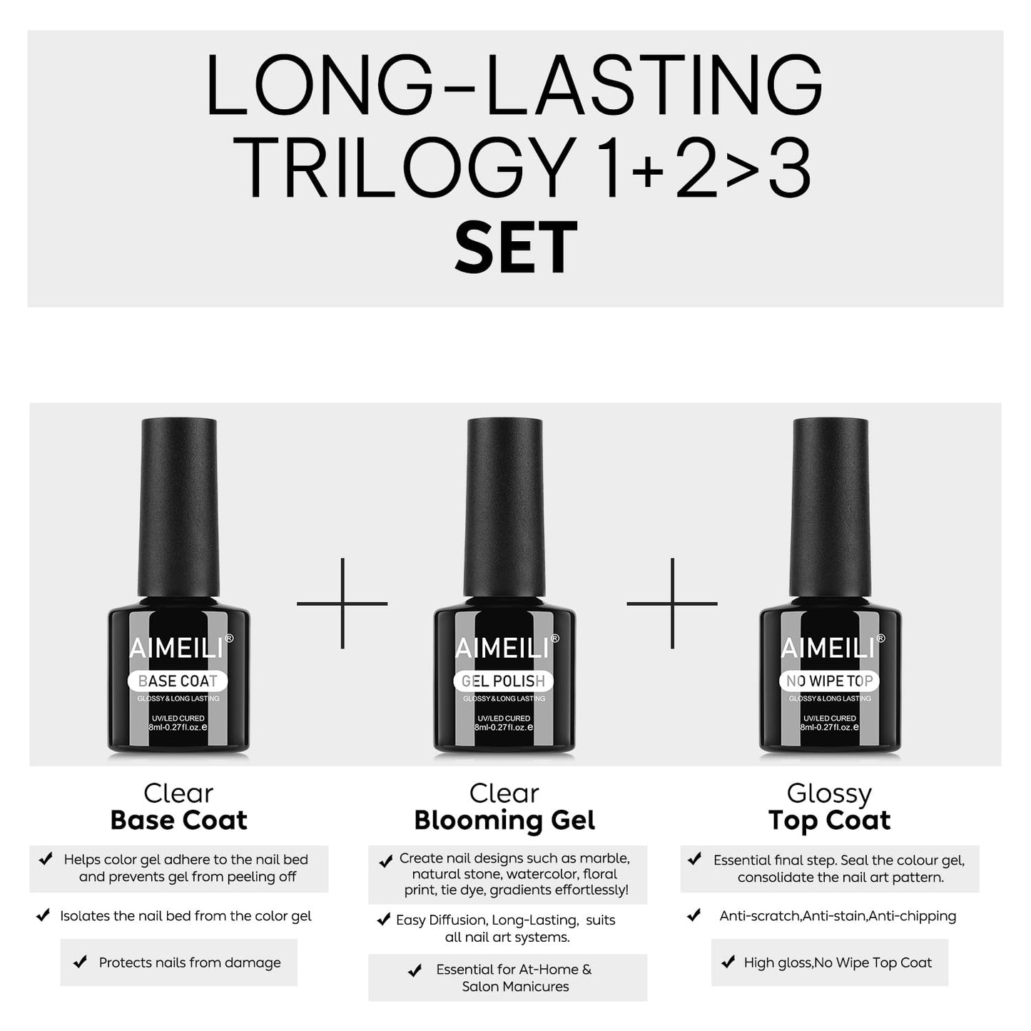 AIMEILI Nail Blooming Gel Base Coat Top Coat Kit 3pcs, Hema Free, Cruelty Free, Vegan, High Gloss Gel Nail Polish Long Lasting Spreading Marble