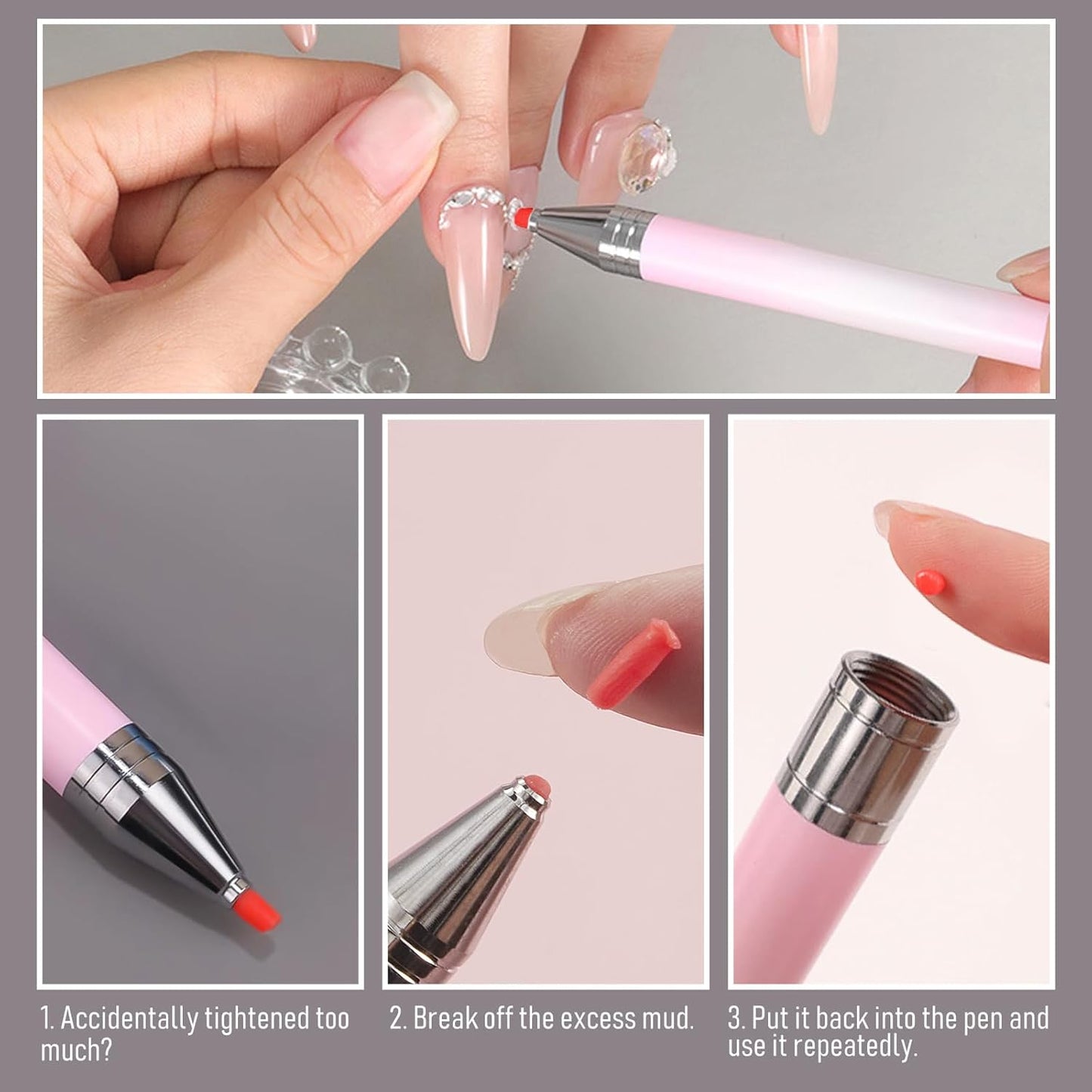WOKOTO 1 PCS Nail Art Rhinestone Picker Pens With 1 Box Spare Silicone Clay Tool Pink&White Gradient Rotating Push Nail Diamond Art Painting Dotting Pen Refillable Wax Pen For Nails Gems Picker Tool