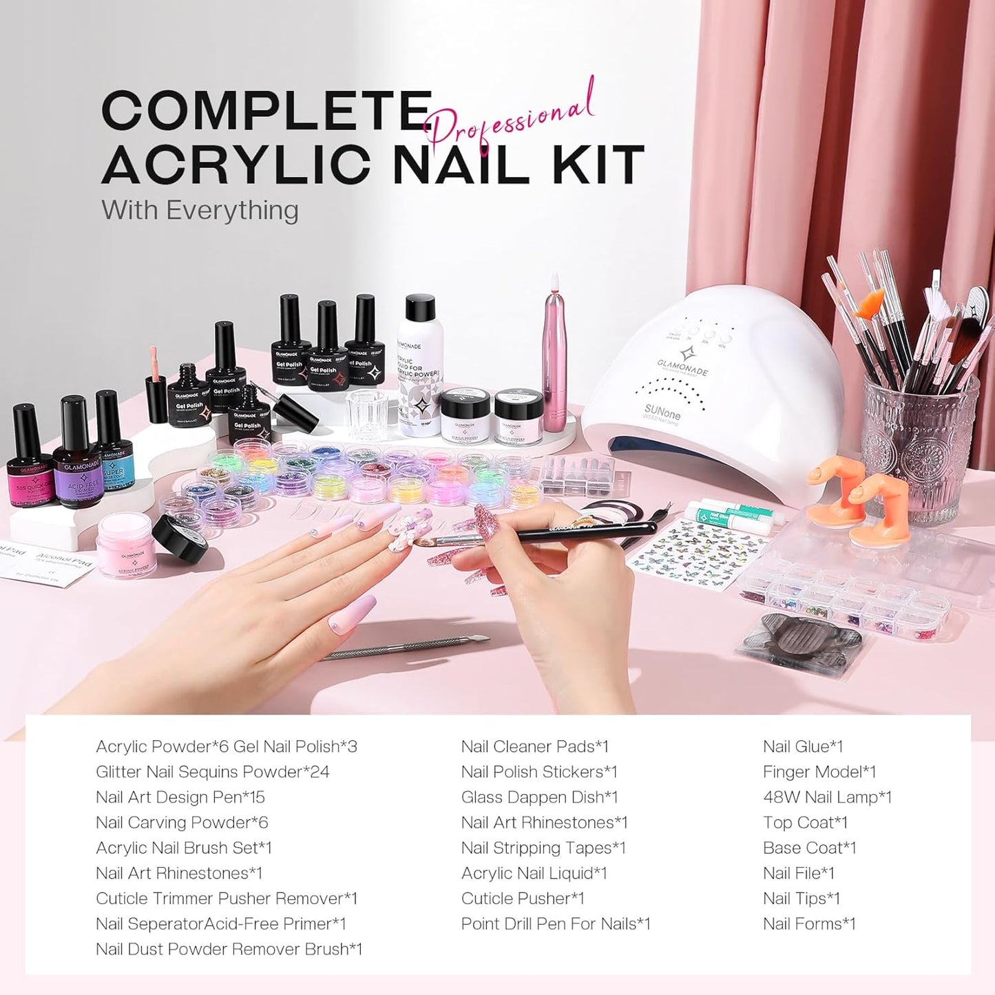 Acrylic Nail Kit with Everything: Professional Nail Kit Set for Beginners 48W Nail Lamp Complete Nail Supplies Salon