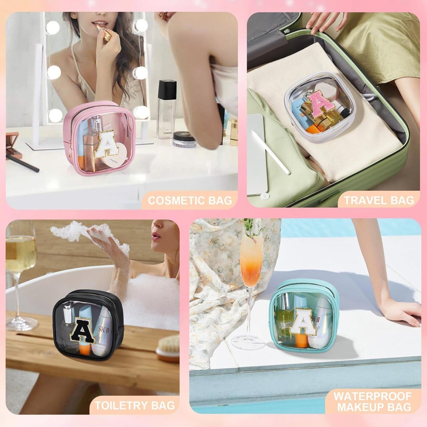 YOOLIFE Initial Makeup Bag Travel Toiletry Bag, Clear Makeup Bag Car Accessories For Women Clear Makeup Bags With Zipper Girlfriend Teacher 13 Year Old Girl Gifts Daughter Girl Gifts Mini Black H