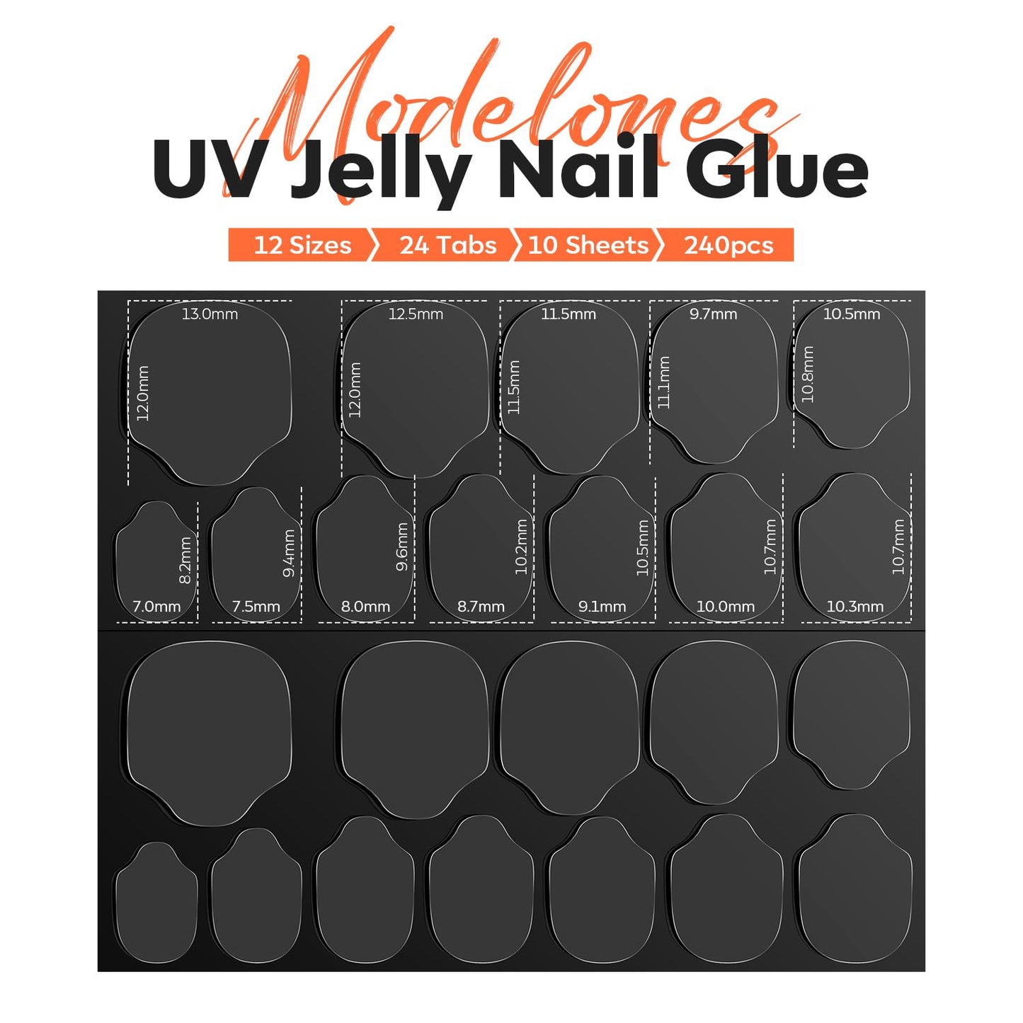 modelones Nail Adhesive Tabs 240pcs - UV Jelly Nail Glue Stickers for Press on Waterproof Breathable Double Sided Sticky Tabs Need Curing 10 Sheet 12 Sizes