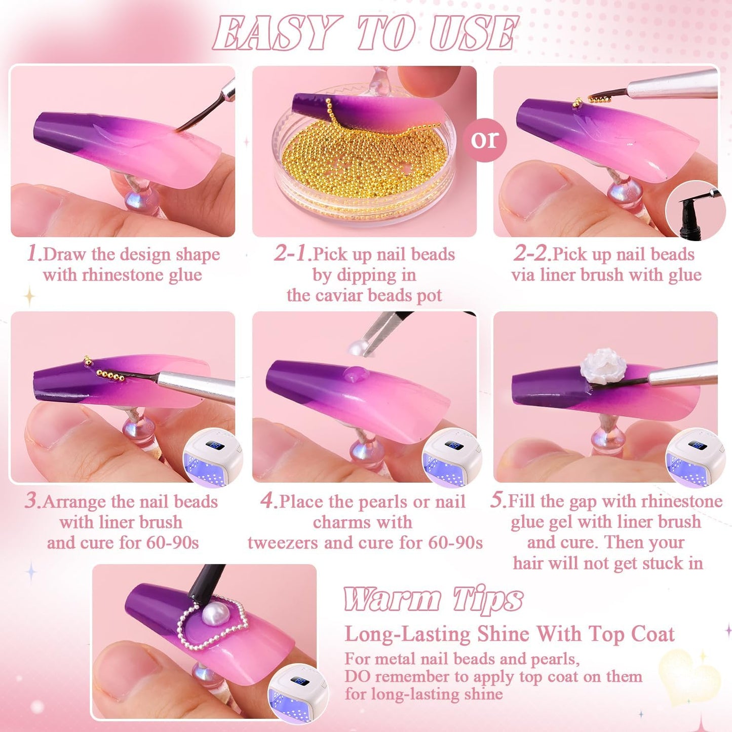 Luxurious Flatback Pearls (White) & Metal Nail Beads (Silver) with Rhinestones Glue Gel for Acrylic Nail Tips Manicure Decor