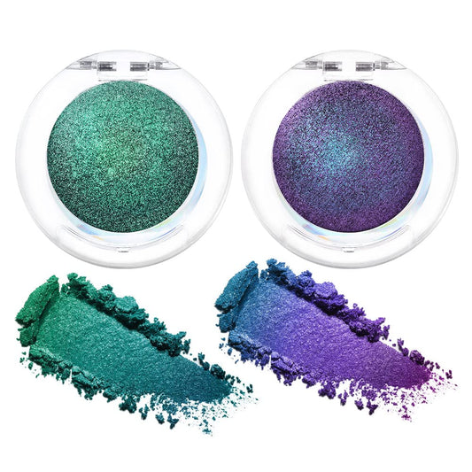 evpct 2Pcs Shimmer Teal Dark Sapphire Blue Bright Purple Multichrome Chrome Single Eye Shadow Palette Makeup for Older Women, Glitter Metallic Duochrome Chameleon Gothic Iridescent Eyeshadow Palette