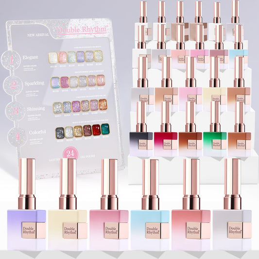 Double Rhythm 28Pcs 0.5Oz Glitter Gel Nail Polish Set Same Color Same Bottle Soak Off Kit Nail Art Manicure Salon DIY at Home (Sparkle Pearl Shimmer Collection-T24-9)