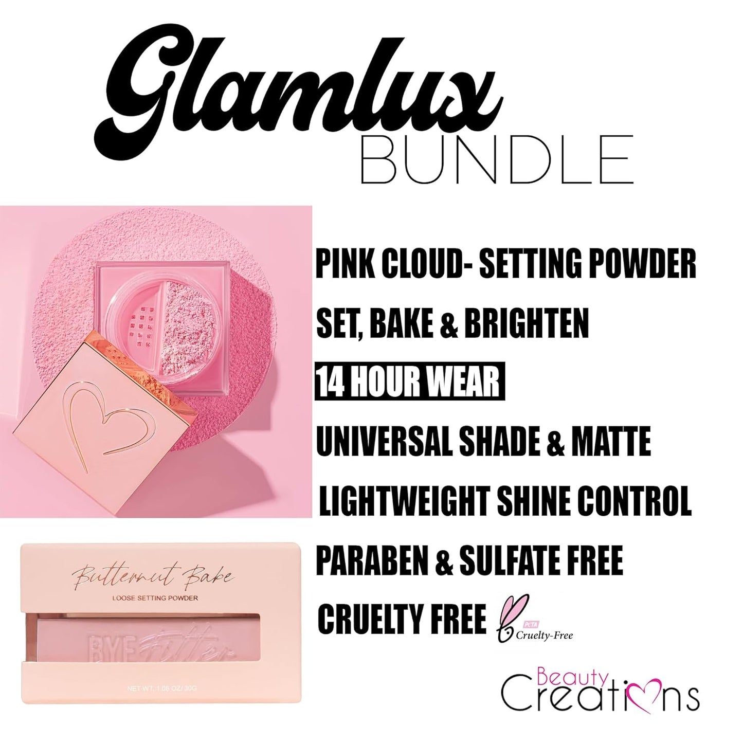 Beauty Bundle Beauty Creations Pink Cloud Pink Loose Setting Powder & Amorus Cloud Blur Matte Balm Foundation, Minimizes Pores, Matte Finish 14HR Shine Control (Buff Beige)