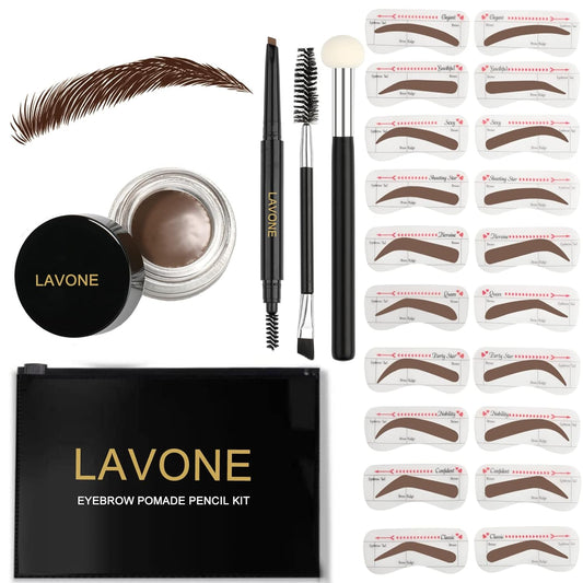 Eyebrow Stamp Stencil Kit ,Brow Stamp Trio Kit with Waterproof Eyebrow Pencil, Eyebrow Pomade, 20 Eyebrow Stencils, Dual-ended Eyebrow Brush and Sponge Applicator - Dark Brown