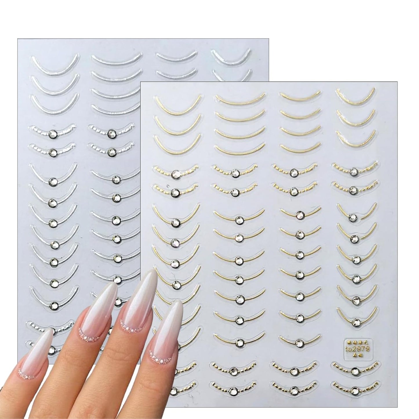 2 Sheets French Tips Nail Art Stickers - 5D Holographic French Simple Gold Silver Line Nail Stickers with Crystal Diamond Design Nail Decals for Women Manicure Decorations