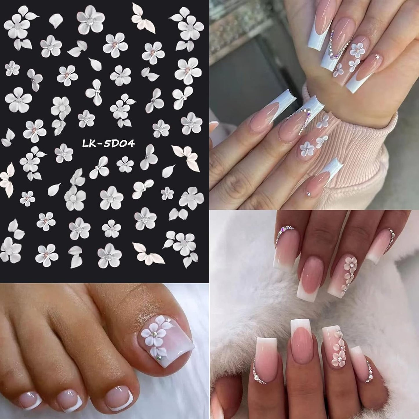 6 Sheets Flower Nail Stickers for Nail Art 5D Embossed Engraved Nails Decals 3D Spring Nails Supplies Accessories Self-Adhesive DIY Design Decoration for Women and Girls
