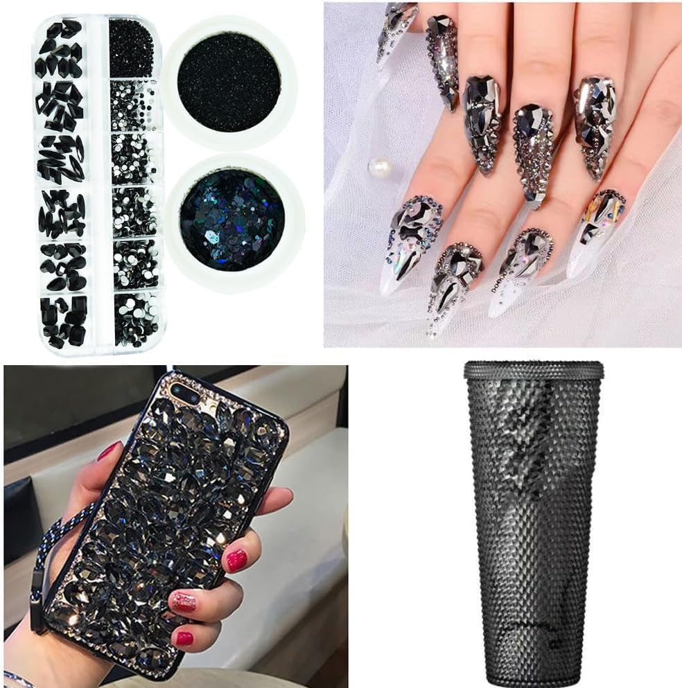 3 Boxes Black Nail Rhinestones with Fine Glitters Kit, 60Pcs Big Assorted Black Nail Gems with S6-S16 Flatback Round Stones,Crystals Nail Gem Stones for DIY Faces Body Crafts