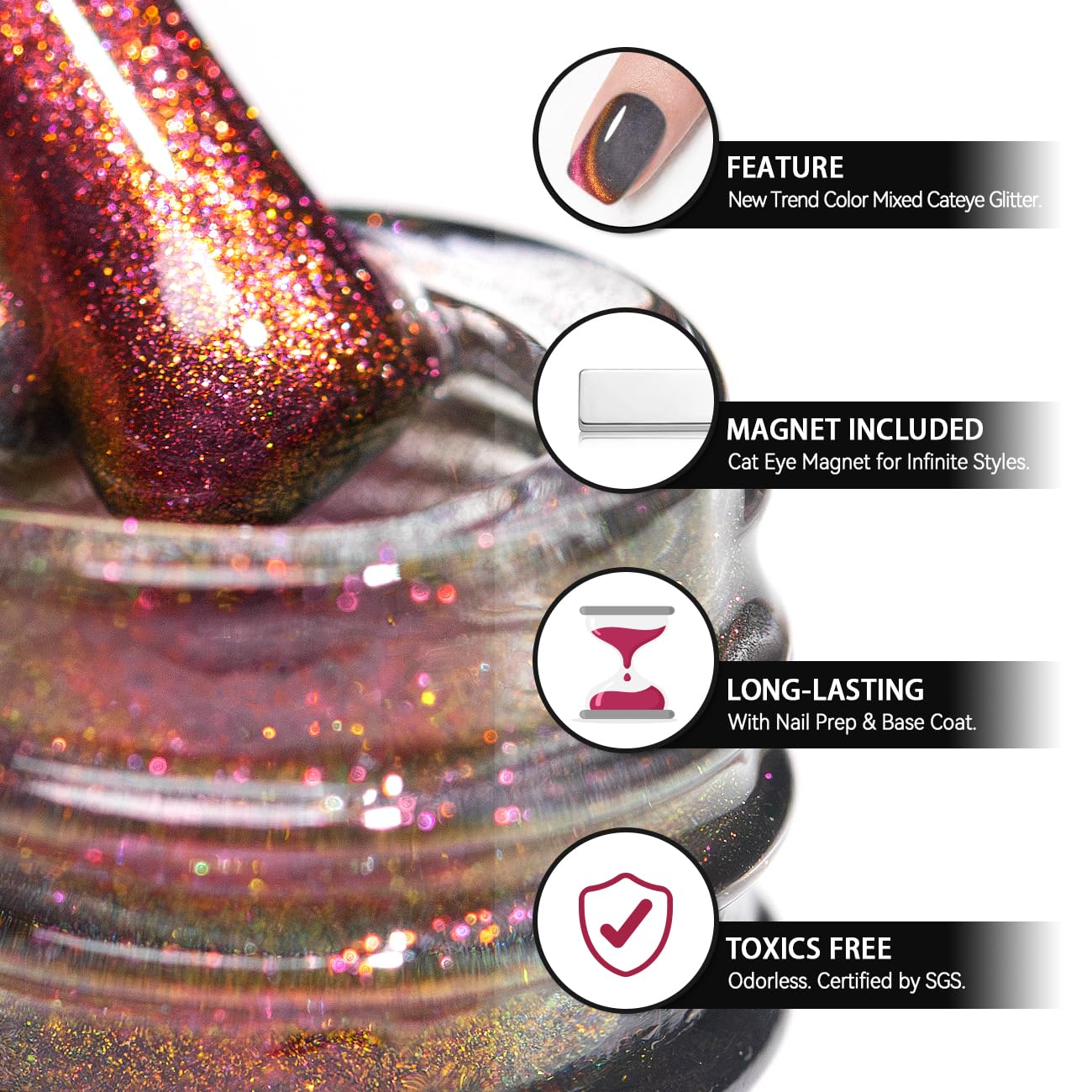 RARJSM Cat Eye Gel Nail Polish Aurora Orange Purple Multi Color Velvet Diamond Cateye Gel Polish with Magnet Stick Reflective Shimmer UV LED Curing Requires Soak Off for Home Salon Manicure 15ml