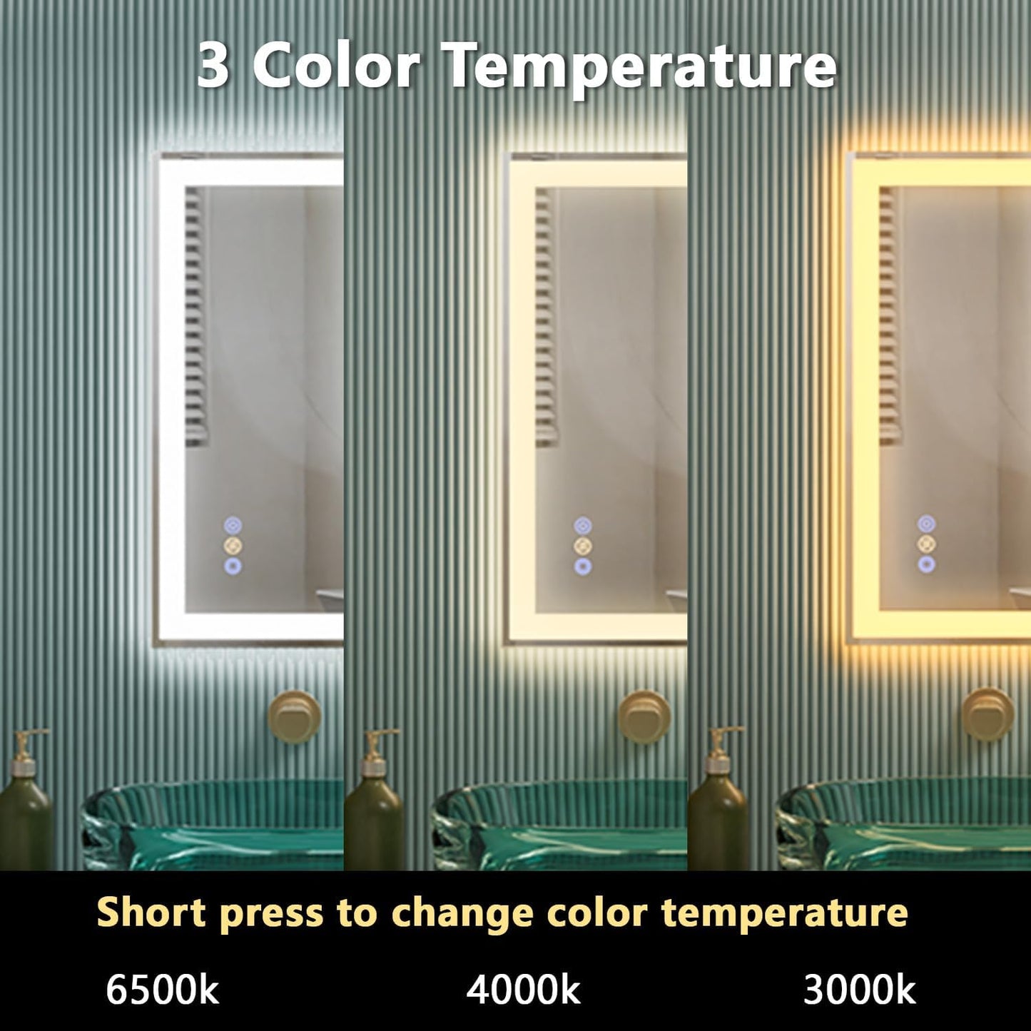 20"x 28" LED Bathroom Mirror, 3 Colors Vanity Mirror with Lights, Front and Backlit Bathroom Mirror with Lights, LED Smart Mirror for Bathroom, Tempered Glass, Anti-Fog, Stepless Dimmable, Memory