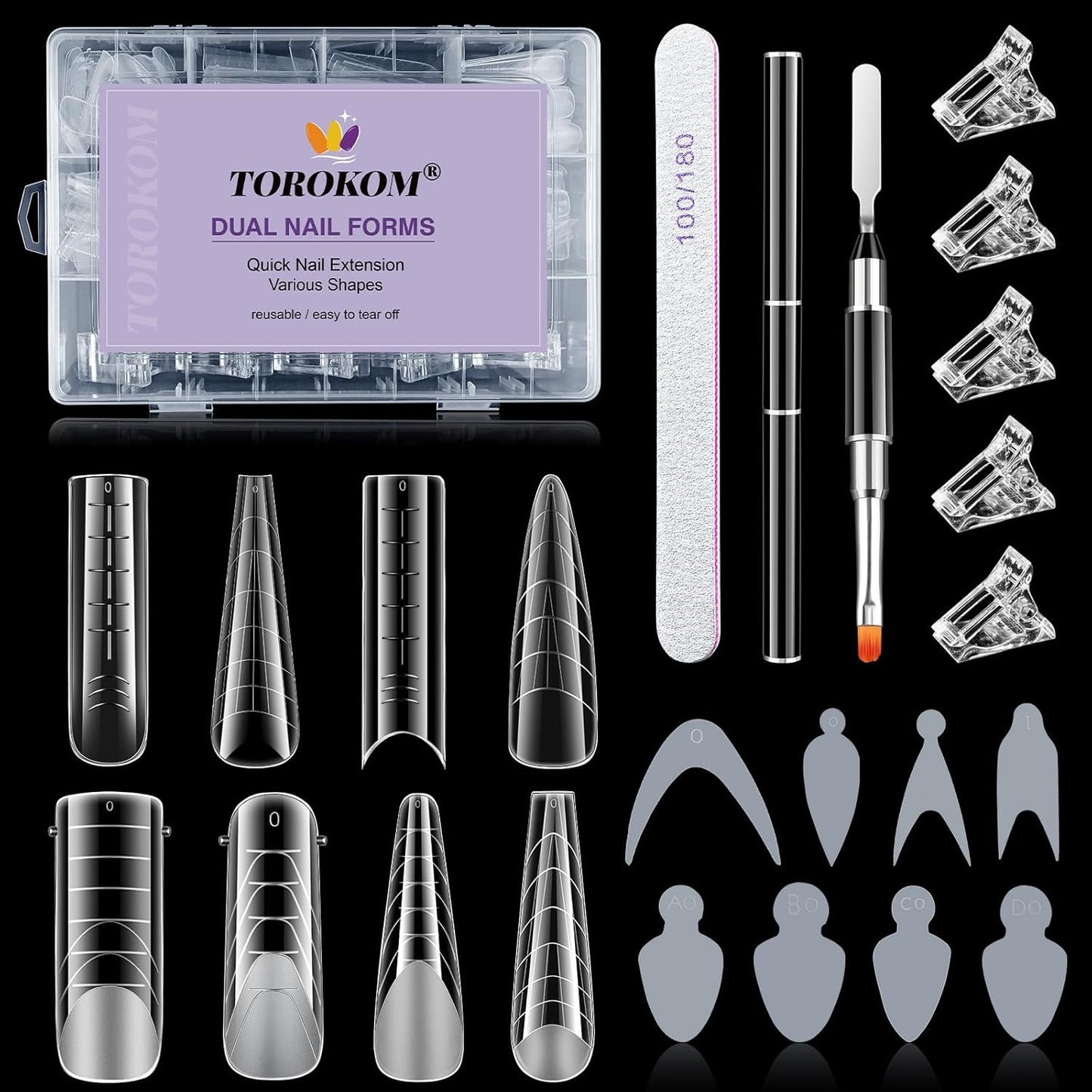 TOROKOM Dual Form Kit, 192PCS Poly Gel Forms for French Nails, 96PCS Reusable Silicone Pads, 5PCS Clips, Brush Pen, Files Buffer, Extension Kit for Beginner