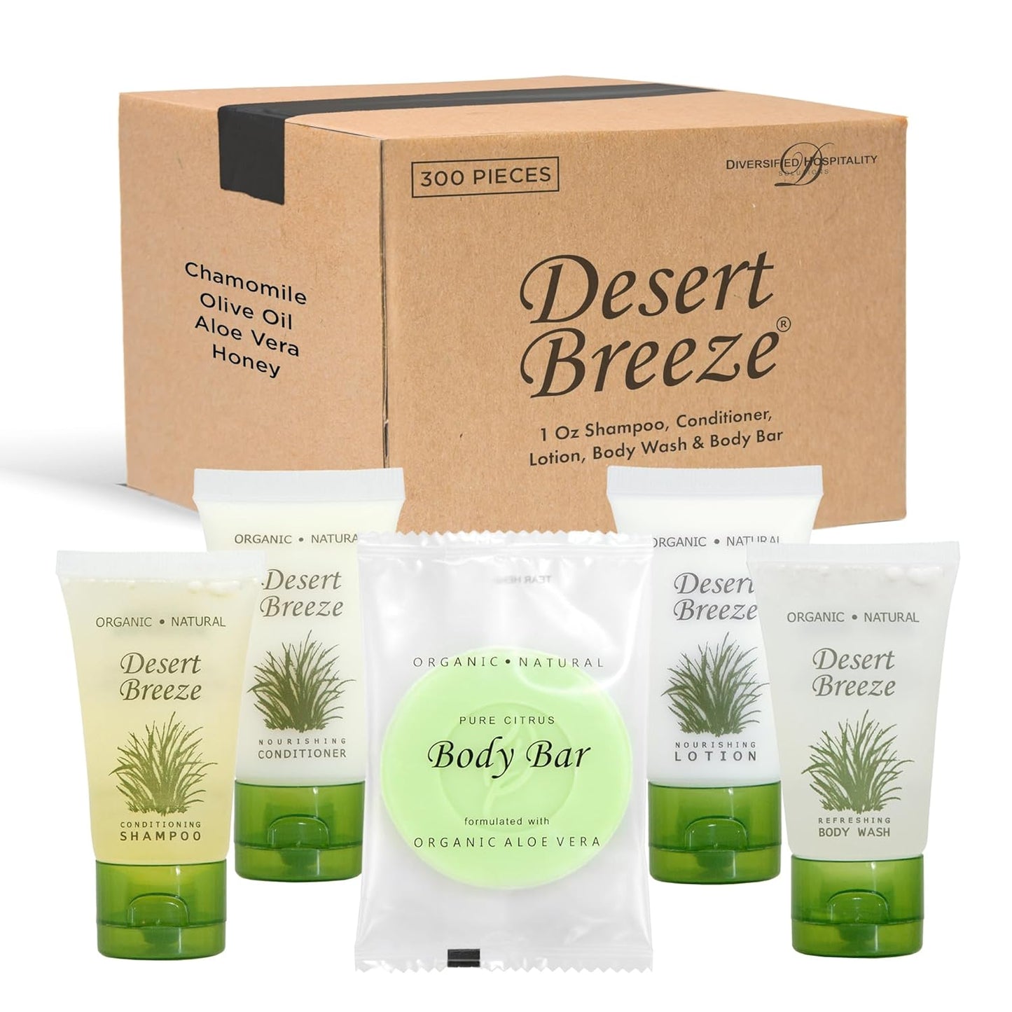 Desert Breeze Hotel Soaps and Toiletries Bulk Set | 1oz Hotel Shampoo & Conditioner, Body Wash, Body Lotion & Bar Soap | Travel Size Toiletries 300 Pieces