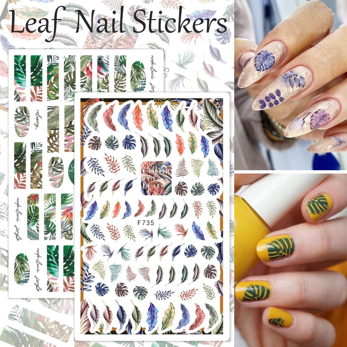 Flower Nail Art Stickers Decals 8 Sheets 3D Flowers Self Adhesive Nail Design Stickers Summer Green Blue Purple Floral Leaf Nail Decals for Women Girls DIY Flowers Nail Decoration Charms