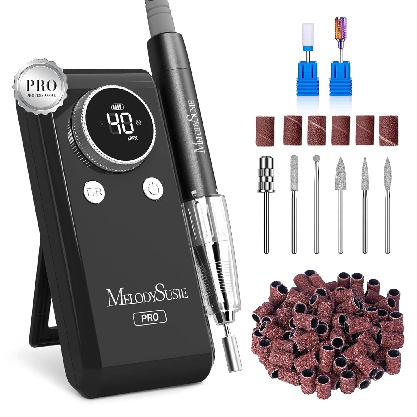 MelodySusie Professional 2 in 1 Nail Drill Kit 40,000 RPM, MB420G Brushless Portable Cordless Rechargeable Electric Nail File, Efile Nail Drill Machine for Acrylic Gel Nails Polishing Removing, Black