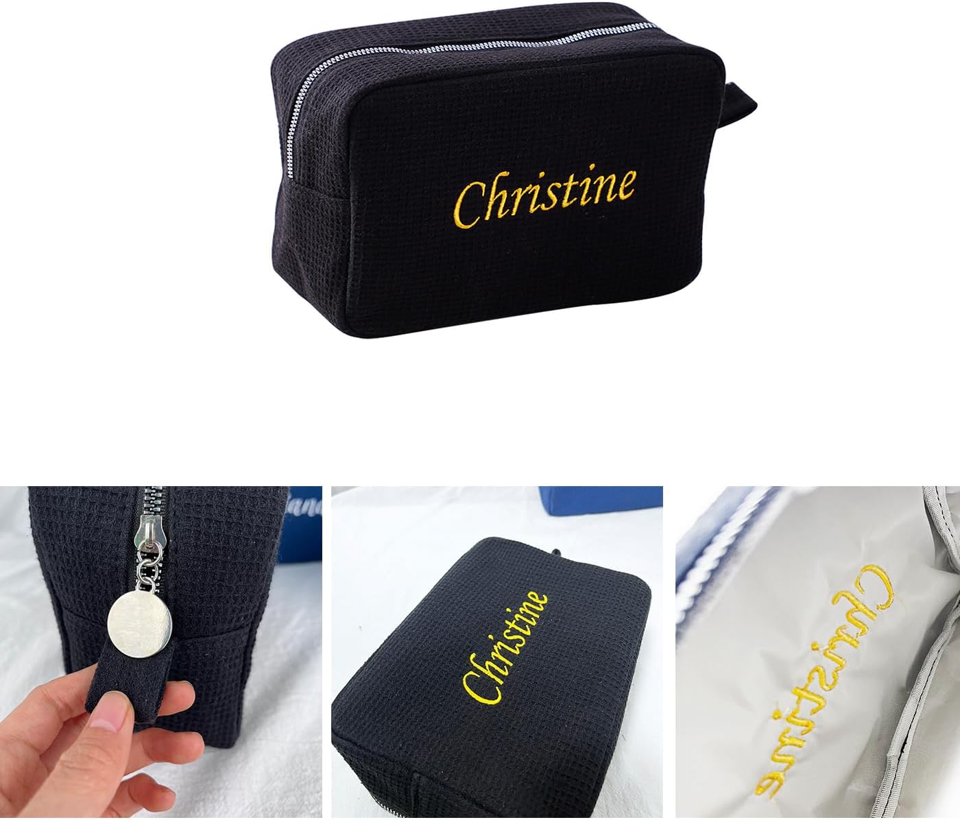 GOPHIE Personalized Embroidered Makeup Bag,Custom Waffle Fabric Cosmetic Pouch for Women, Travel Makeup Pouch (6, Black)