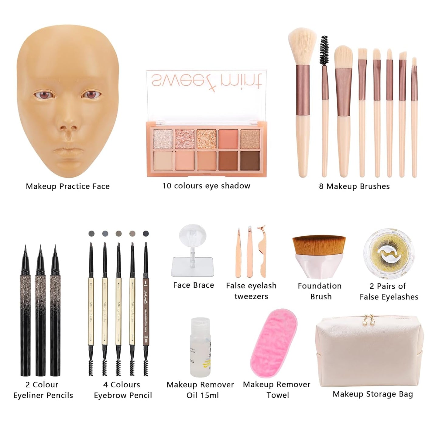 3D Makeup Practice Face Board,Reusable Silicone Makeup Practice Face/Makeup Mannequin Face,with Makeup Brushes Set&Dual head Eyebrow Pencils&a Pair of Eyelashes&a Makeup Bag&makeup remover towel