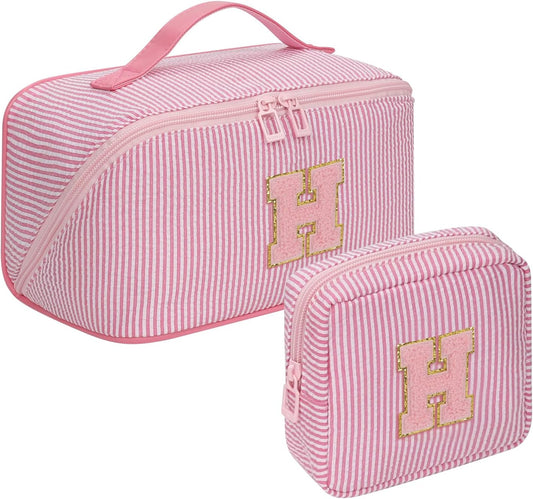Travel Makeup Bag for Women, 2Pcs Portable Personalized Initial Makeup Organizer Bag, Open Flat Large Cosmetic Bag With Travel Essential Pouch (Pink Letter H)