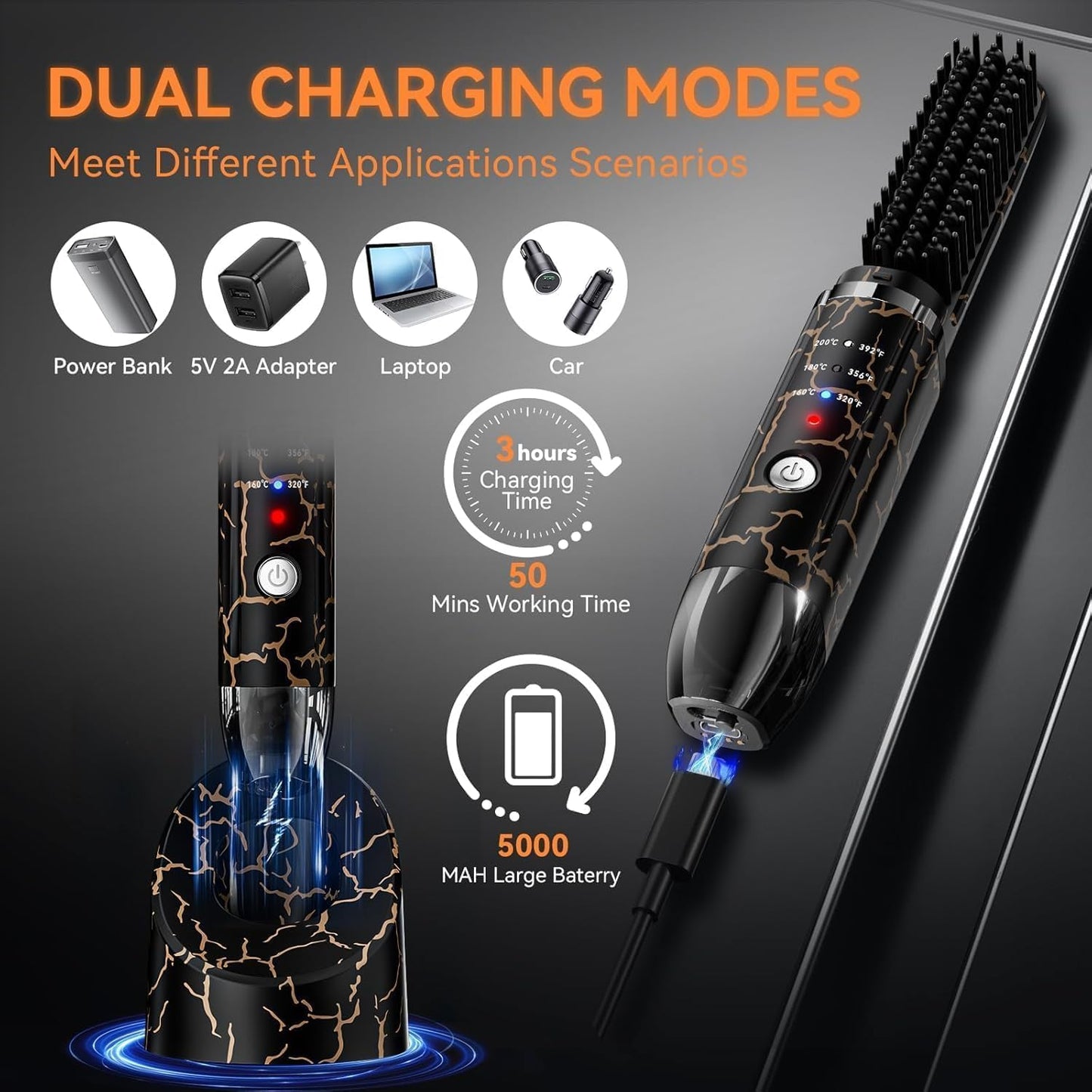 Beard Straightener for Men, Cordless Heated Beard Brush, Portable Beard Hot Combs, Ionic Mini Hair Straightener with 3 Temp Settings, Coarse Curly Hair Brush, Grooming Kit for Men