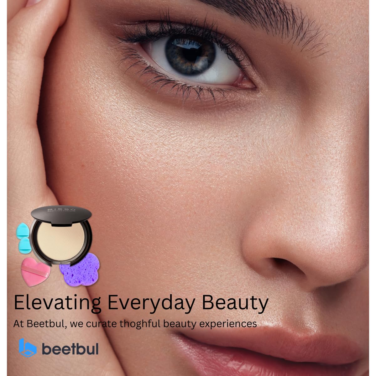Beetbul Makeup & Exfoliation Kit - Bissú Compact Powder + 1 Medium Velvet Puff + 2 Finger Puffs + 1 Facial Exfoliating Sponge (11 Almond, One Size)
