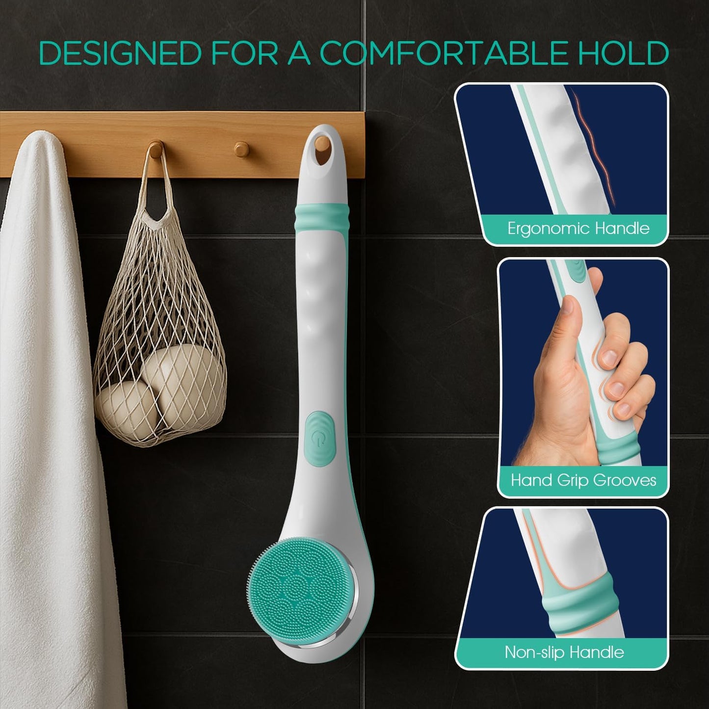 VOYOR Electric Silicone Body Scrubber, Back Scrubber for Shower, Waterproof Long Handle Body Brush, Rechargeable Power Bath Brush for Cleansing, Exfoliating, Massaging Skin BC100 (Blue)