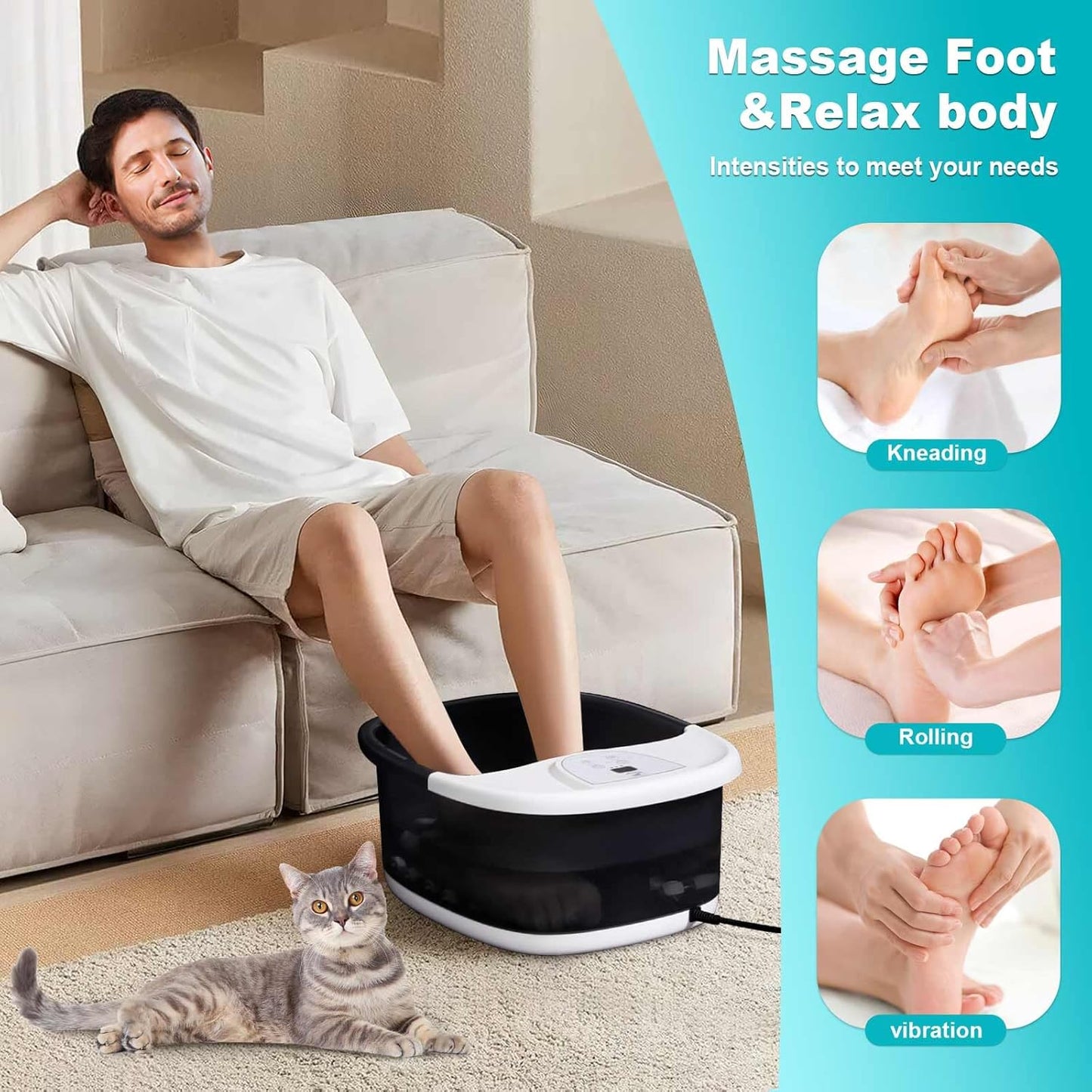 Foot Spa Bath Massager with Heat [2025 Upgraded], Jets, Vibration, Adjustable Temp, Bubbles, Epsom Salt, Foot Soaking Tub with 22 Massage Rollers, Pedicure Foot Spa for Relaxation, Black
