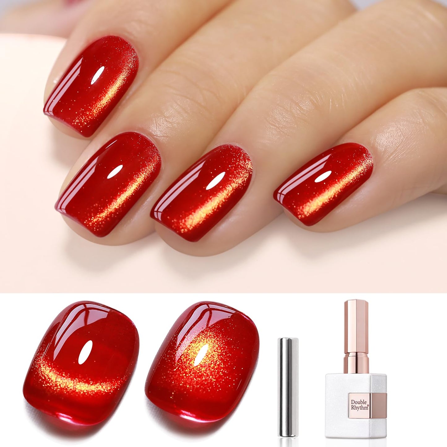 Double Rhythm Cat Eye Gel Polish with Magnet 15ML Ice Glass Holographic Glitter Shimmer Translucent Sheer Color Salon Soak Off Magnetic at Home (Blood Red-MC1145)