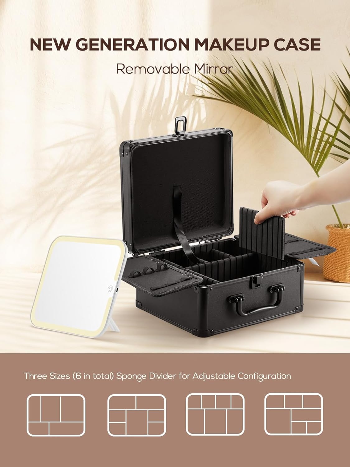 OMIRO Makeup Case, Makeup Bag with Light Up Mirror Set, Makeup Organizer Bag with Magnet Makeup Mirror for Women and Girls