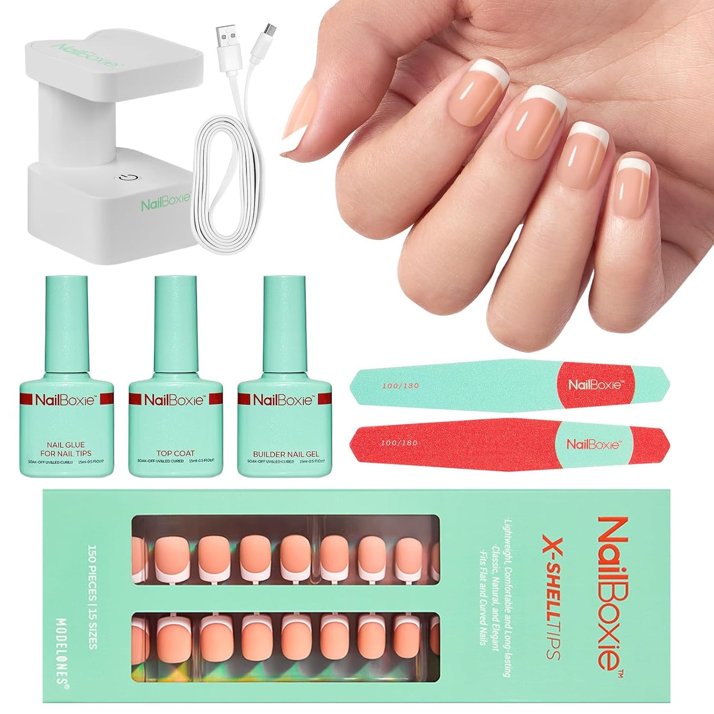 Modelones Gel Nail Kit, Press On Nails Kit with LED Light, 150 PCS Extra Short Pink Square, 15 Sizes French Tip Press on Nails, NailBoxie Pre-Colored Nail Tips for Easy DIY Nail Art