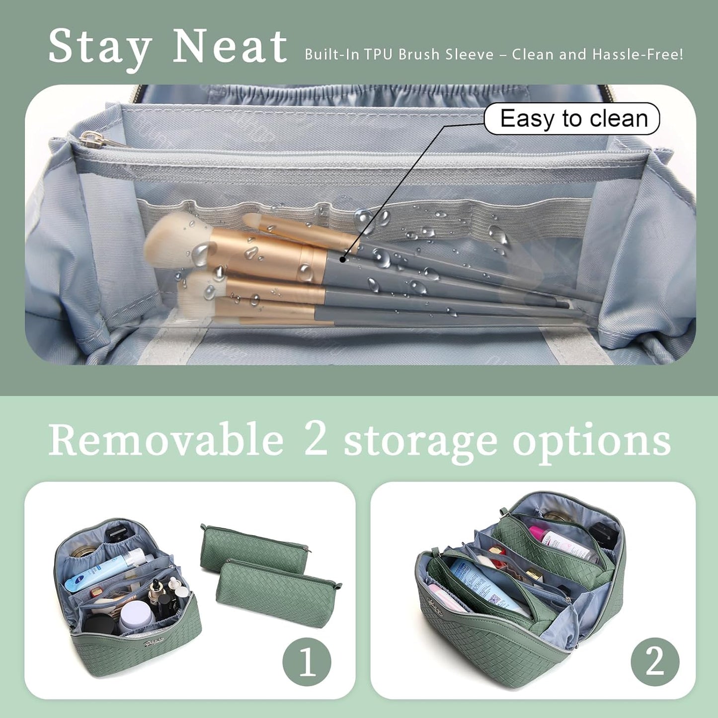 BOYATU Travel Makeup Bags for Women: Large Cosmetic Bag Waterproof - Vegan Leather Make up Bag Set of 3 - Compact Toiletry Organizer with Compartments & Handle & Divider (L05 Grass Green)