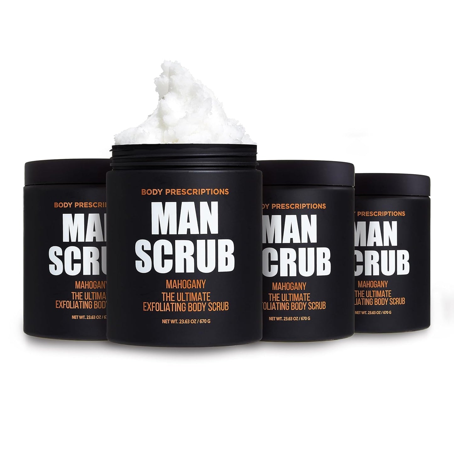 Body Prescriptions Men’s Exfoliating Body Scrub – Ultimate Skin Cleansing Wash in Jar with Twist-Top Lid, For All Skin Types, 21 Ounce (Pack of 4), Mahogany