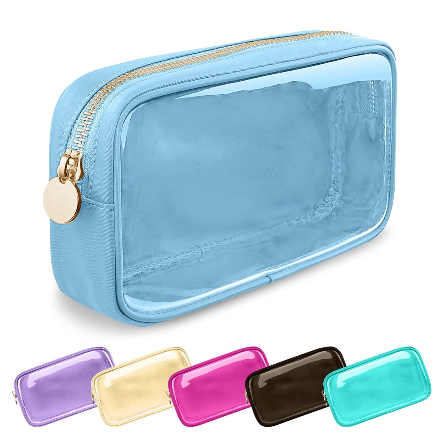 Clear Small Makeup Bag with Zipper, Nylon&PVC Cosmetic Travel Bag Preppy TSA Approved Toiletry Bag for Women Girls, Transparent Waterproof Makeup Pouches Cute Travel Bag for Purse(Small-Blue)