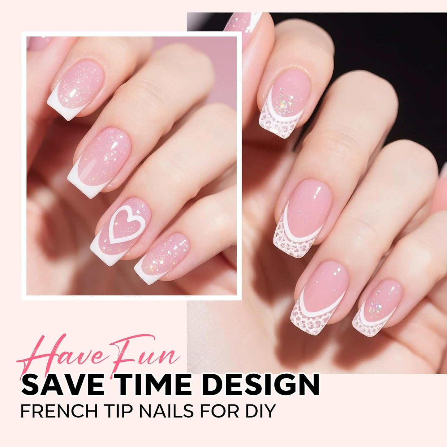 modelones French Tip Press on Nails, Short Square Fake Nails with Nail Box, Pink & White Gel Nail Tips for Women, Soft Glue-On Nails for Natural Salon Look, DIY Nail Art Kit