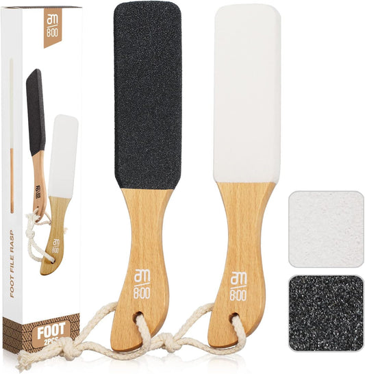 AM 8:00Pumice Stone Foot File, 2 Pack Callus Remover (coarse/fine) for Feet with Wooden Handle, Pedicure Foot Scrubber to Remove Dead Skin, Dry, Rough, Corns Skin Scraper