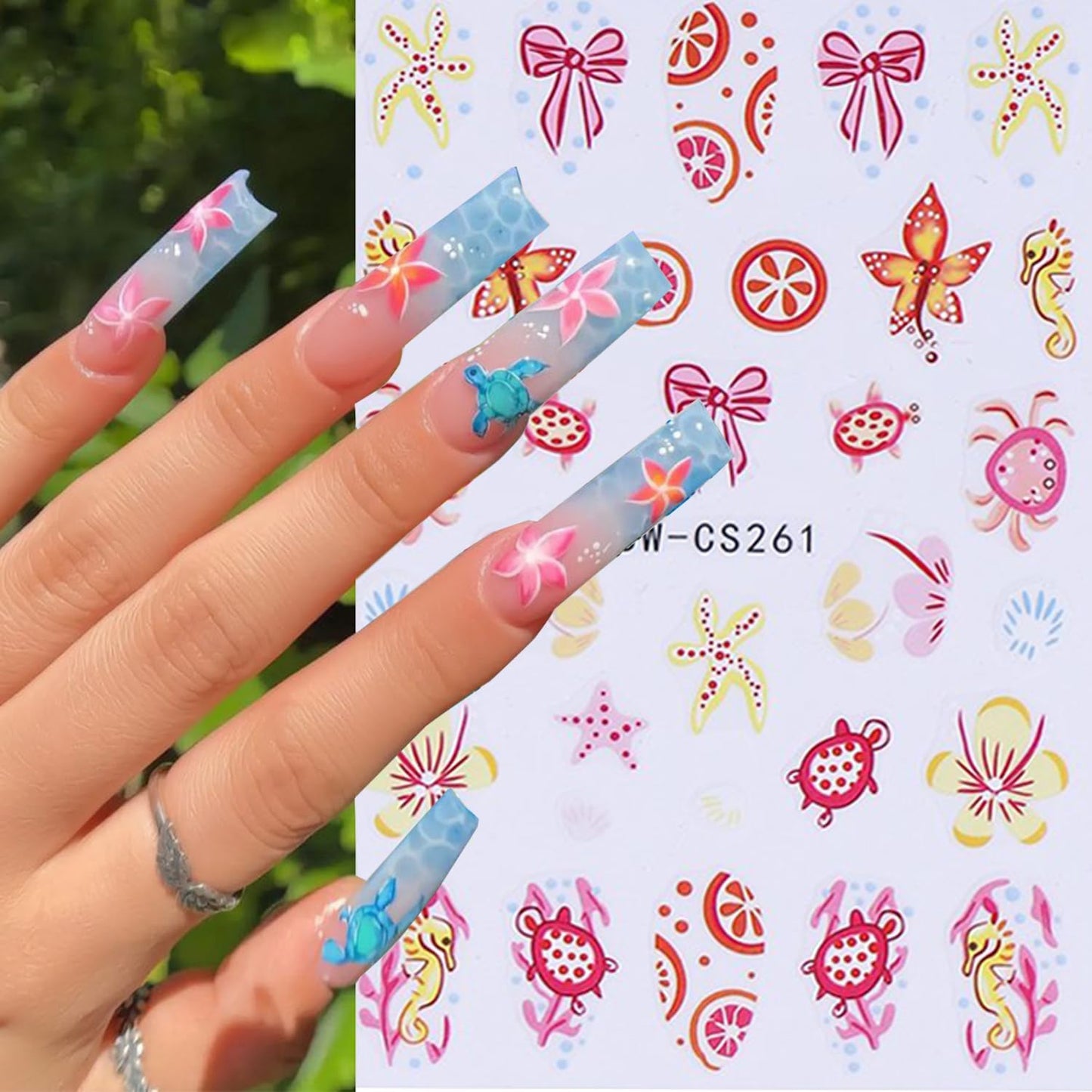 6 Sheets Ocean Style Nail Art Stickers 3D Self -Adhesive Starfish Sea Turtles Nail Decals Holographic Flower Bow Nail Stickers Summer Floral Seahorse Nail Decoration for Women Manicure Supplies