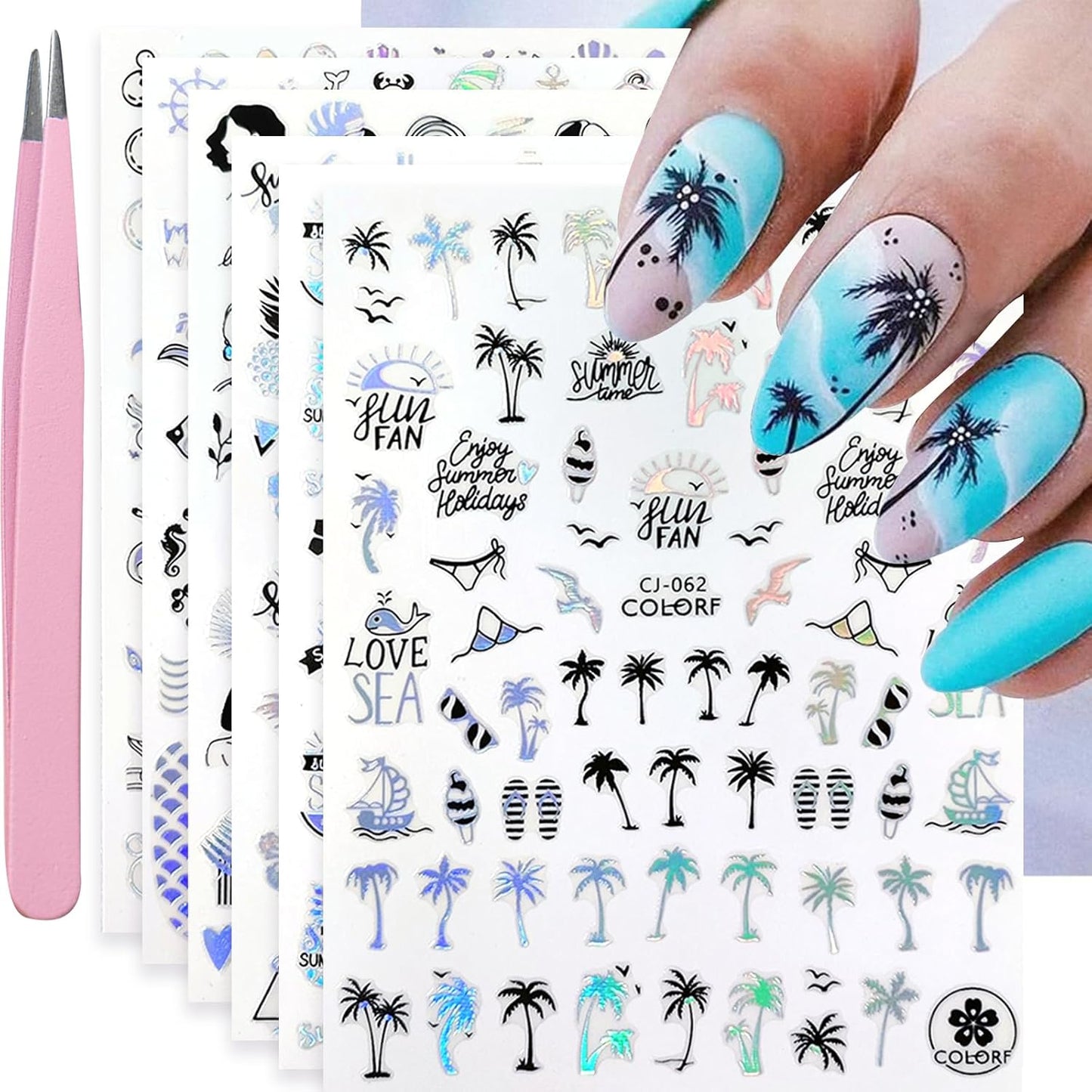Summer Nail Art Stickers 6 Sheets Shell Nail Decals 3D Self-Adhesive Nails Design Accessories Palm Tree Jellyfish Mermaid Stickers for Women Nails Decoration