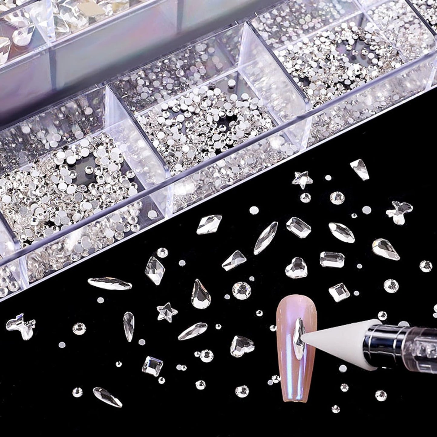 Nail Rhinestones Kit, Nail Art Decorations with Wax Pencil Flat AB Rhinestones Kit DIY Crafts Gemstones for Nail, Shoes, Clothes, Jewels (600 Black Diamonds + 2500 Flat Rhinestones)