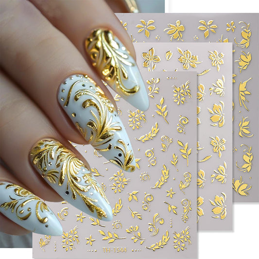 6Sheets Gold Nail Art Stickers 3D Self-Adhesive Nails Sticker Flower Nail Art Decals Holographic Golden Floral Leaves Nails Decal Decoration for Women Blossom Manicure Tip DIY Nail Sticker Supplies