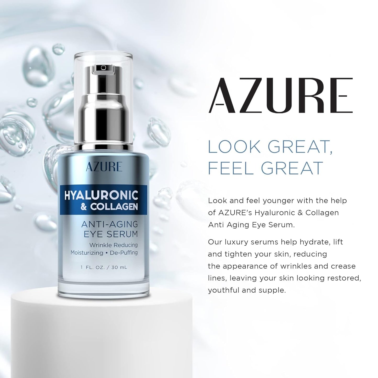 AZURE Hyaluronic & Collagen Anti Aging Eye Serum - Moisturizing, Replenishing & De-Puffing | Reduces Wrinkles, Fine Lines & Under Eye Bags | Locks In Moisture Hydrating Skin | Made in Korea - 30mL