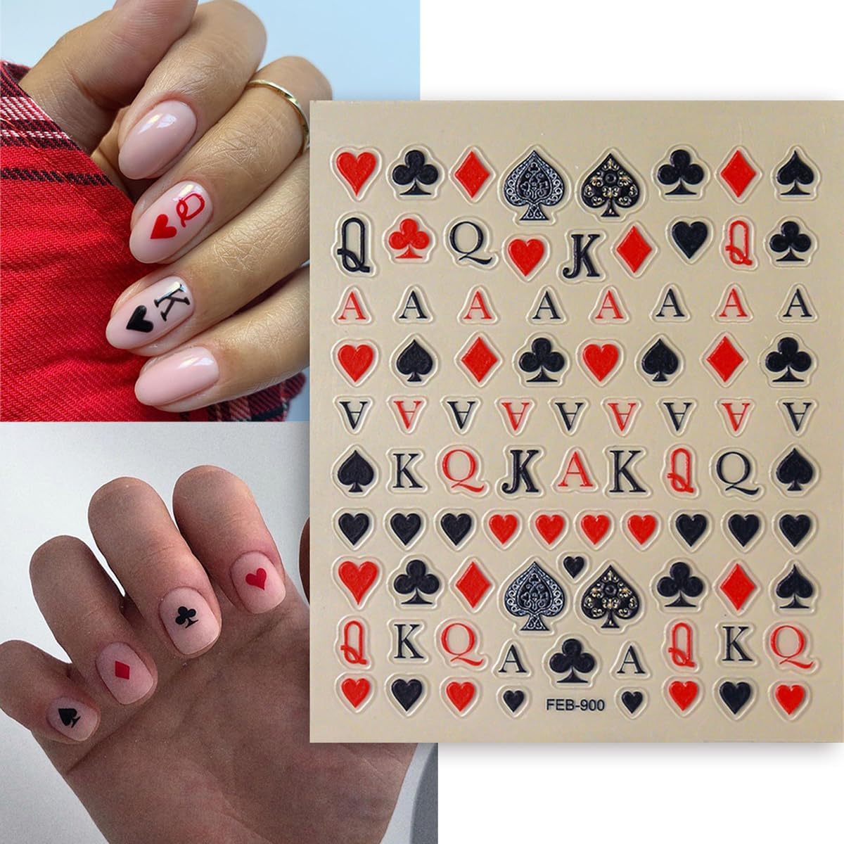 Poker Nail Stickers for Nail Art Palying Card Nail Decals Hearts Spades Clubs Diamonds Stickers for Nails Designs 3D Self Adhesive Nail Supplies & Decorations for Women Girls 1 Sheet