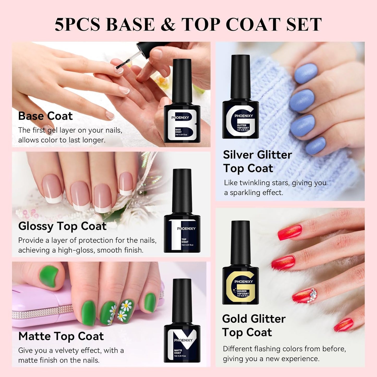 phoenixy Gel Nail Polish 30 PCS Gel Nail Polish Set Dark Color Collection Manicure Set for Women Matte Silver Gold Glitter Top Coat for Women - PCB9042