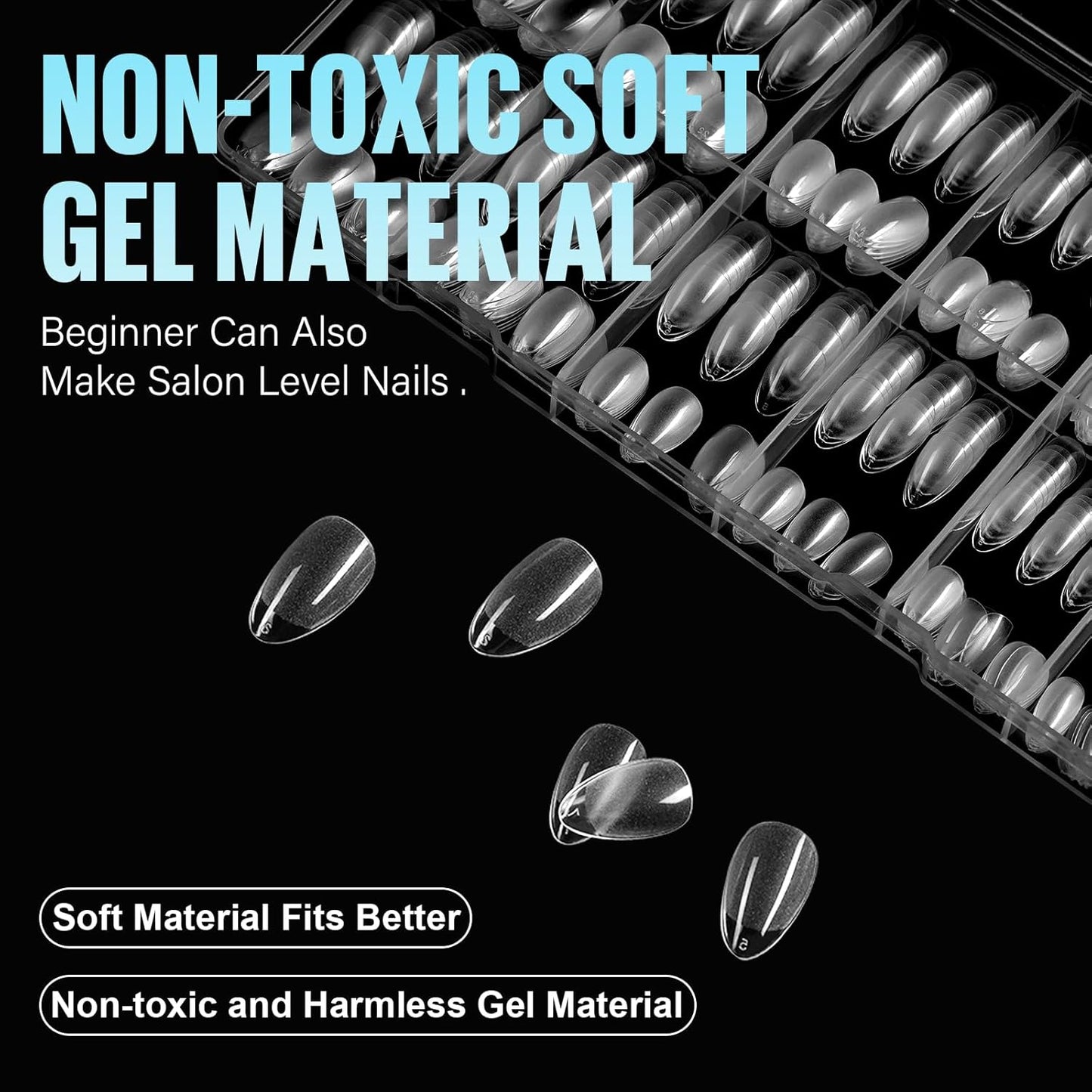 TOMICCA Short Almond Nail Tips, 504Pcs Soft Acrylic Nail Tips, 12 Sizes Pre-Shaped Half Matte Fake Clear Gelly Tips, Press on Acrylic Nails for Nail Extension DIY Nail Salon