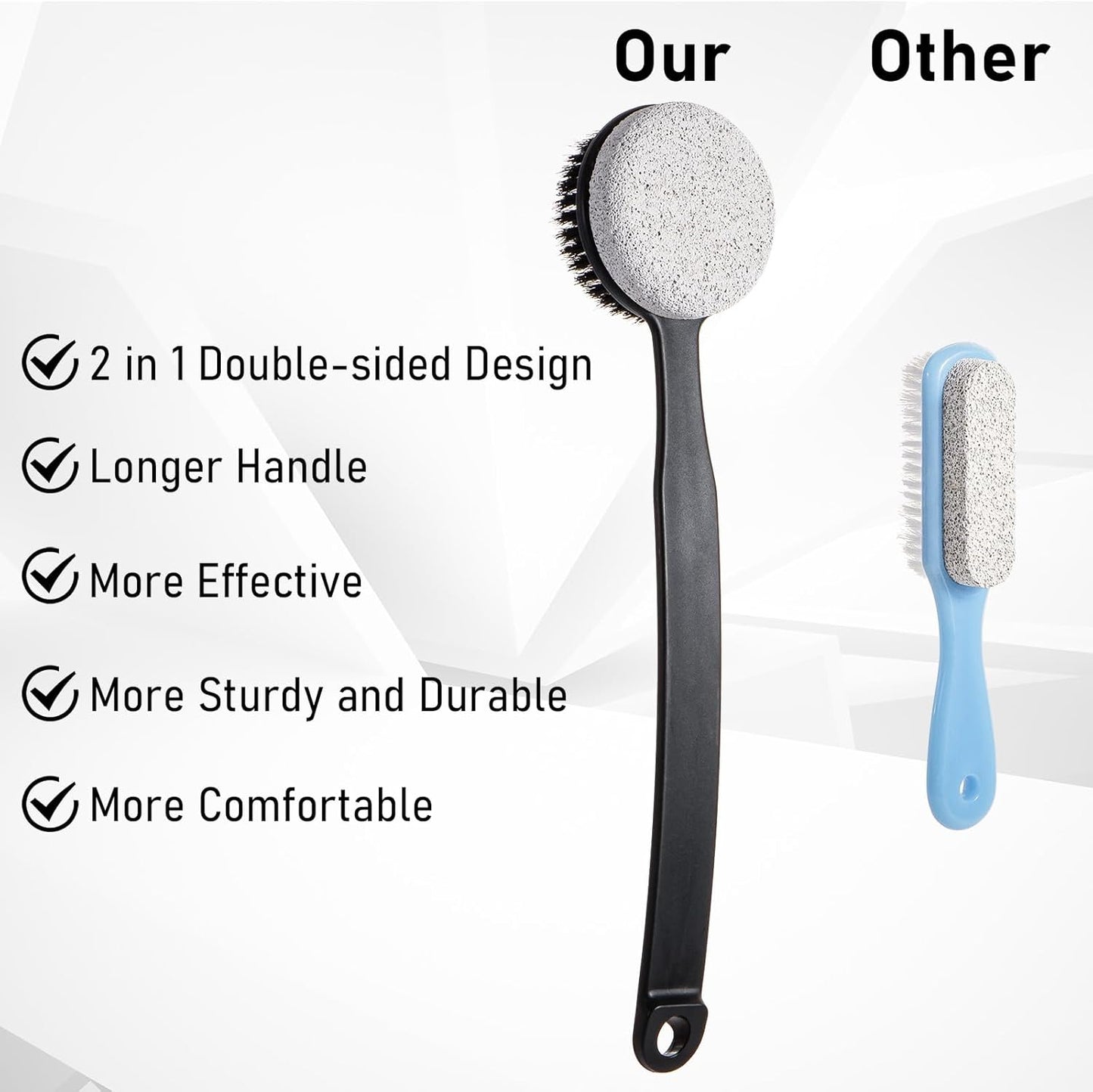 Pumice Stone for Feet with Long Handle (Double-Faced Curved Handle,Black, Count, 2.0)